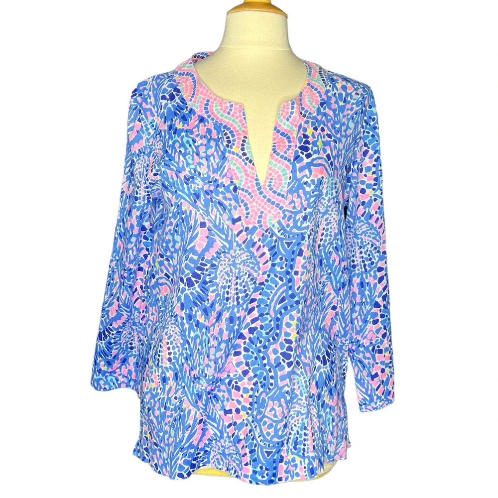 Lilly Pulitzer Amelia Island Tunic Blue Quarter Sleeve Blouse Cotton Large Women - Picture 1 of 7